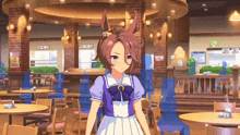 a girl in a purple dress stands in a restaurant