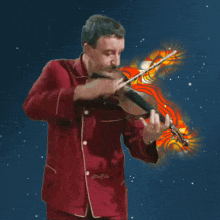 a man in a red shirt is playing a violin in front of a blue background with the word wine in gold letters