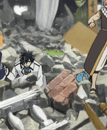 a group of anime characters are standing on a pile of rocks and bricks
