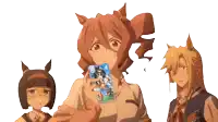 three anime characters are standing next to each other and one of them is holding a card that says ' sd ' on it