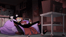 a cartoon character is sitting on a couch reading a book and eating a box of cereal