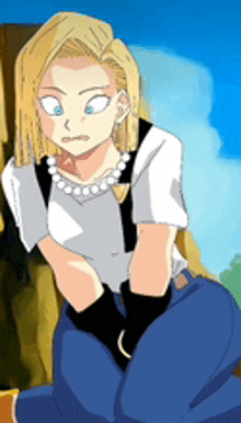 a cartoon drawing of a blonde woman wearing a pearl necklace