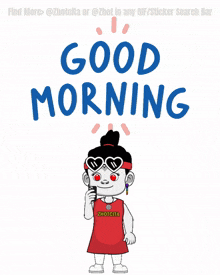 a cartoon of a girl holding a cell phone with the words " good morning " above her