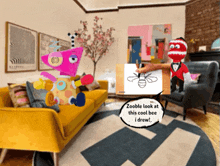 a room with a yellow couch and a drawing of a bee with zooble look at this cool bee i drew