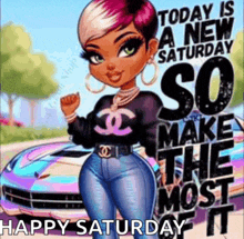 a cartoon girl is standing in front of a purple car .