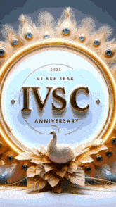 a ivsc anniversary poster with peacock feathers on it