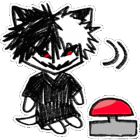 a drawing of a cat with red eyes and a red button next to it