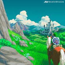 a pixel art of a horse with a shield on its back and a castle in the background