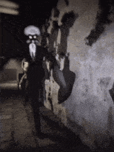 a man with a squid head is walking down a dark alleyway