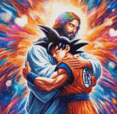 a painting of jesus hugging a cartoon character from dragon ball z