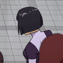a cartoon drawing of a woman with short black hair and a purple top
