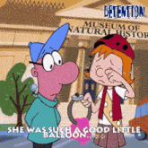 a cartoon of a man and a girl in front of a museum of natural history
