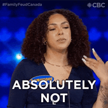 a woman with curly hair is making a funny face and saying absolutely not