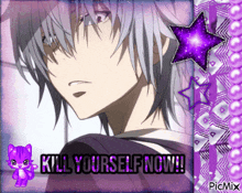 a picture of a boy with the words kill yourself now written on it