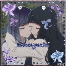 a picture of two girls hugging with the name aoayuki on the bottom right