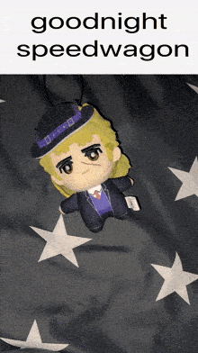 a picture of a stuffed toy with the words goodnight speedwagon written above it
