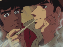 a man smoking a cigarette next to another man
