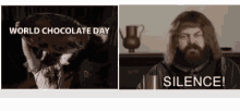 a picture of a man holding a tray of chocolate and a picture of a man holding a silence sign