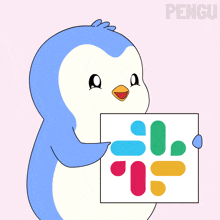 a cartoon penguin is holding a sign that says slack