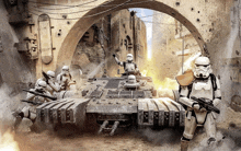 a group of stormtroopers are driving a tank through a city