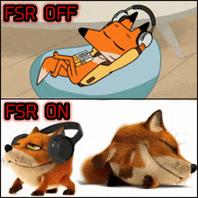 a cartoon of a fox wearing headphones and a cartoon of a fox sleeping