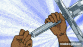 a cartoon drawing of a person holding a sword with make a gif.com at the bottom
