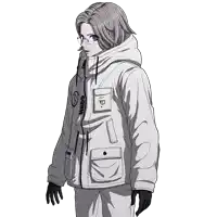 a drawing of a girl wearing a white jacket that says hood on the front