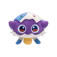 a purple and white stuffed animal with a yellow top