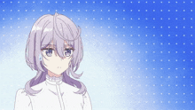 a drawing of a girl with purple hair against a blue background with white dots
