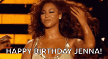 a woman in a gold dress is holding her hair and says happy birthday jenna .