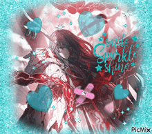 a picture of a girl with hearts and the words smile sparkle shine on it