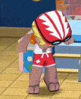 a cartoon character wearing a red and white helmet and red shorts