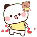 a cartoon panda bear is holding a teddy bear on his head .