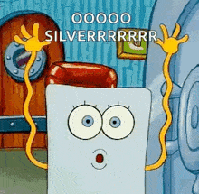 a cartoon character from spongebob squarepants is holding a telephone with a surprised face on it .