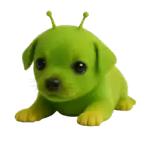 a green puppy with yellow paws and antennas