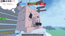 a screenshot of a video game with the words seeds garden and sell on it