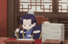 a cartoon character sitting at a desk with a stack of papers