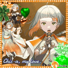 a picture of a girl holding a microphone with the words " chis-a my love " on the bottom