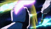 a purple and blue light is coming out of a person 's hand .