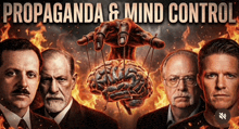 a poster for propaganda and mind control with four men