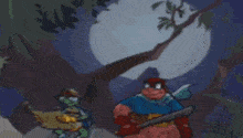 a cartoon of sly cooper flying through the air on a motorcycle .