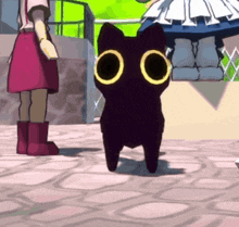 a black cat with big yellow eyes is standing on a tiled floor