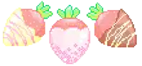 a pixel art of three strawberries with different flavors