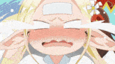 a girl with a bandage on her forehead is crying with tears coming out of her eyes