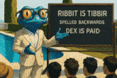a lizard in a suit stands in front of a sign that says ribbit is tibbir spelled backwards