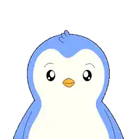 a penguin wearing a party hat is holding a purple cake