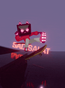 a cartoon character riding a skateboard in front of a sign that says sad salat