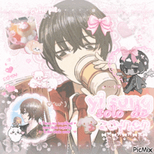 a picture of a boy drinking from a cup with a pink bow on his head and the words i love you
