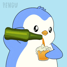 a penguin is pouring a beer into a glass