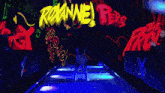 a woman is walking down a runway in front of a roxanne perez sign